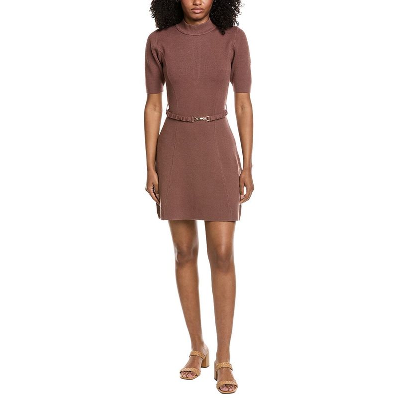 Fate Womens Gold Clasp Belt Detail Mock Neck Sweaterdress, Brown